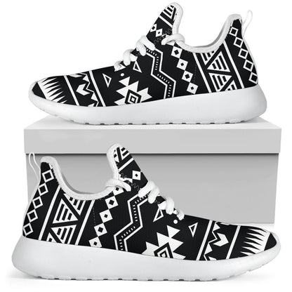 Black And White Aztec Pattern Print Mesh Knit Shoes GearFrost
