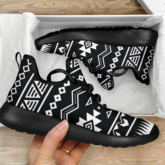 Black And White Aztec Pattern Print Mesh Knit Shoes GearFrost