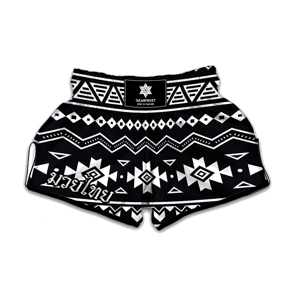 Black And White Aztec Pattern Print Muay Thai Boxing Shorts