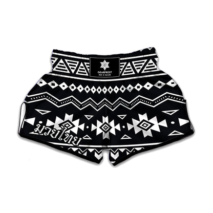 Black And White Aztec Pattern Print Muay Thai Boxing Shorts