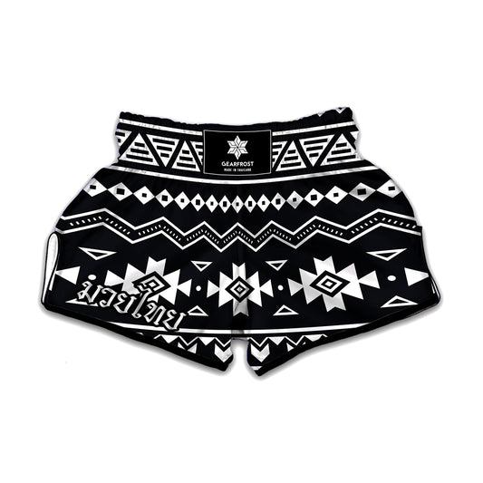 Black And White Aztec Pattern Print Muay Thai Boxing Shorts