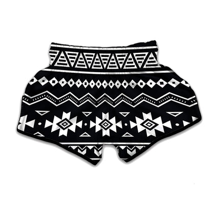 Black And White Aztec Pattern Print Muay Thai Boxing Shorts