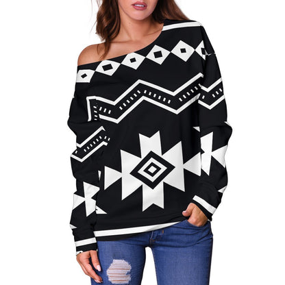 Black And White Aztec Pattern Print Off Shoulder Sweatshirt GearFrost