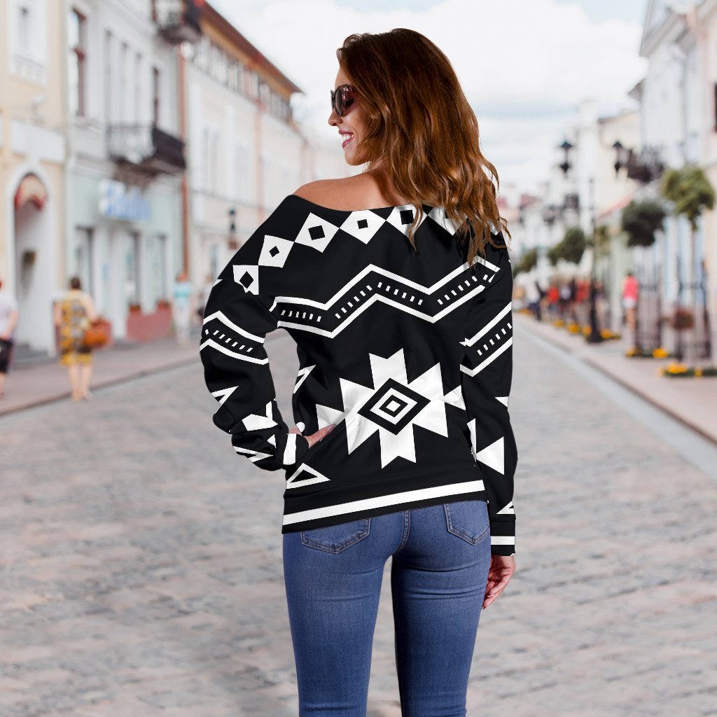 Black And White Aztec Pattern Print Off Shoulder Sweatshirt GearFrost
