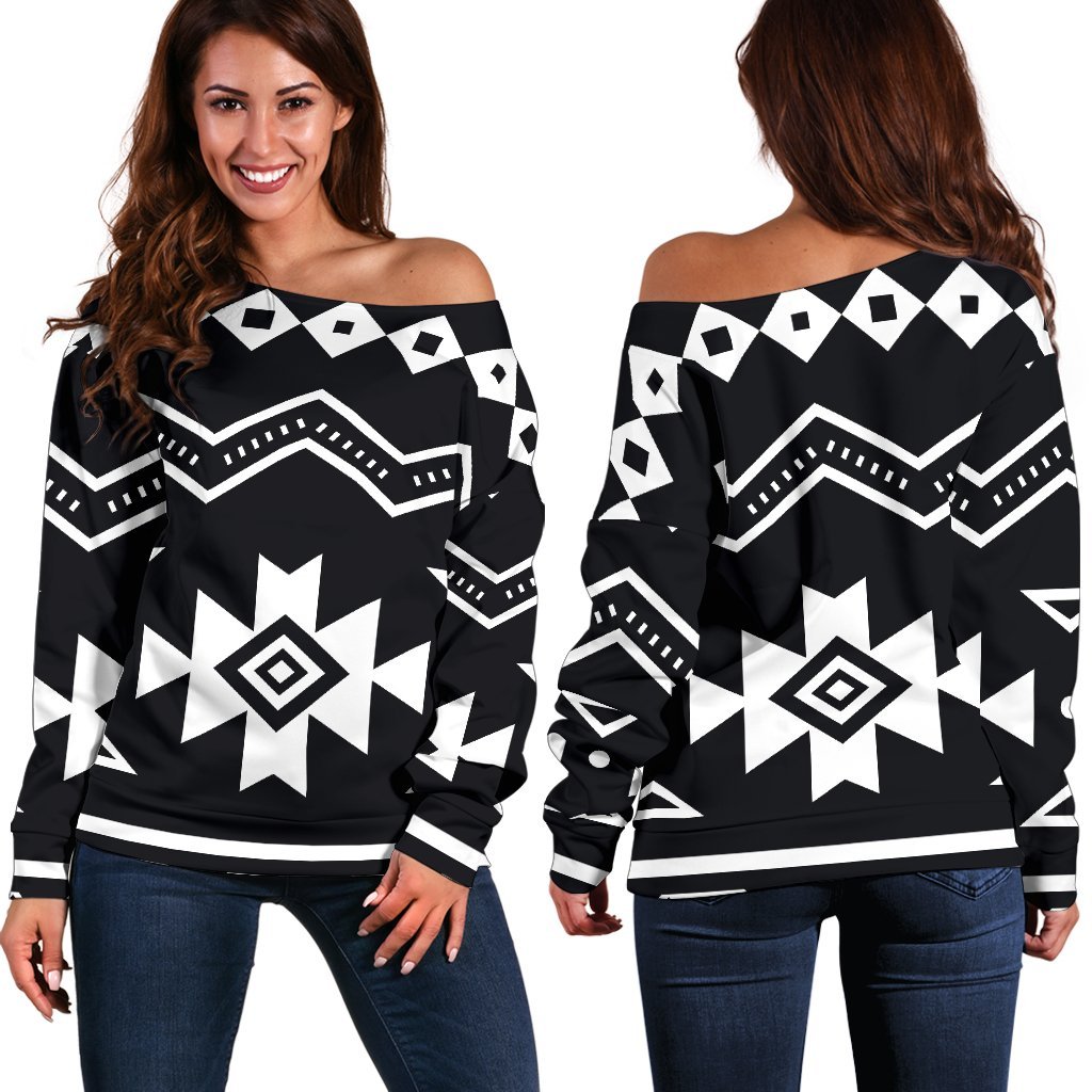 Black And White Aztec Pattern Print Off Shoulder Sweatshirt GearFrost