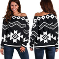 Black And White Aztec Pattern Print Off The Shoulder Sweatshirt