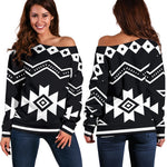 Black And White Aztec Pattern Print Off Shoulder Sweatshirt GearFrost