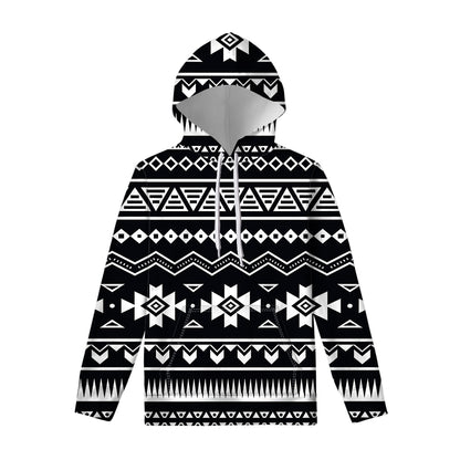 Black And White Aztec Pattern Print Pullover Hoodie