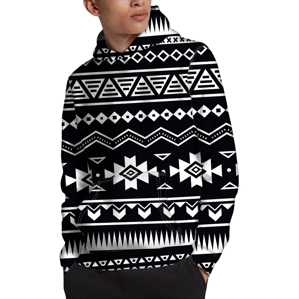Black And White Aztec Pattern Print Pullover Hoodie