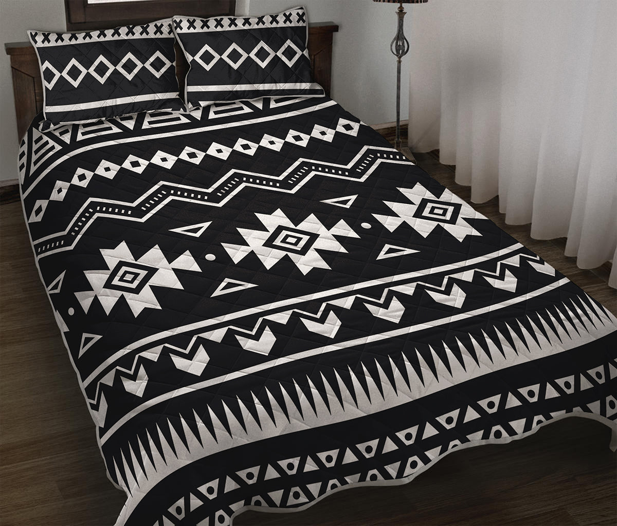 Black And White Aztec Pattern Print Quilt Bed Set