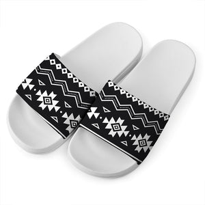Black And White Aztec Pattern Print White Slide Sandals