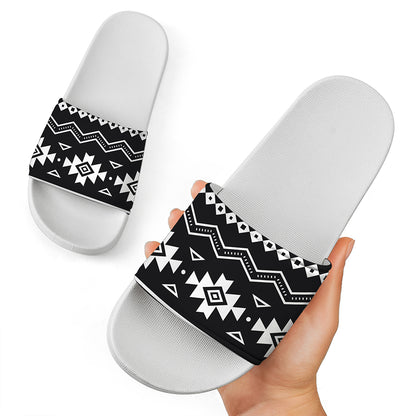 Black And White Aztec Pattern Print White Slide Sandals