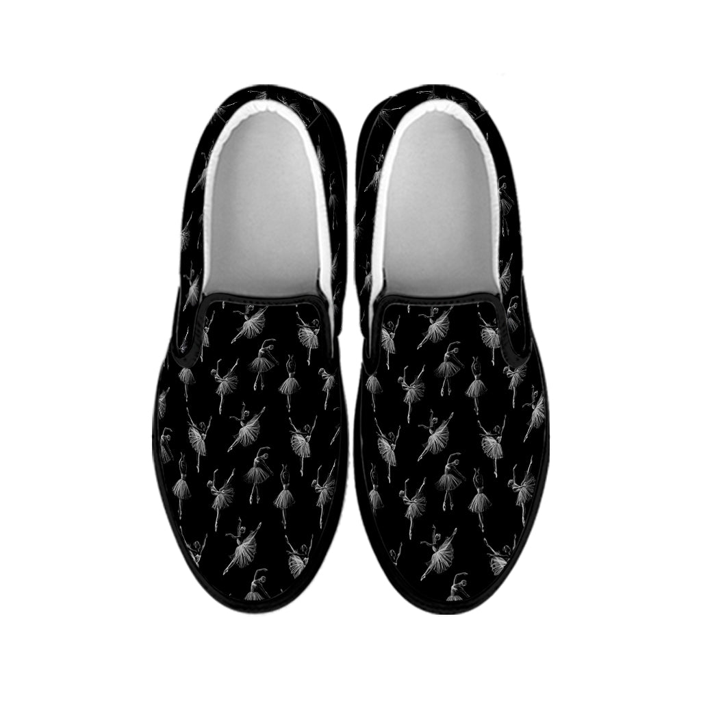 Black And White Ballet Pattern Print Black Slip On Shoes