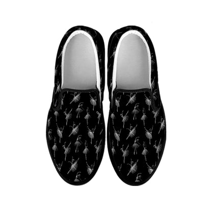 Black And White Ballet Pattern Print Black Slip On Shoes