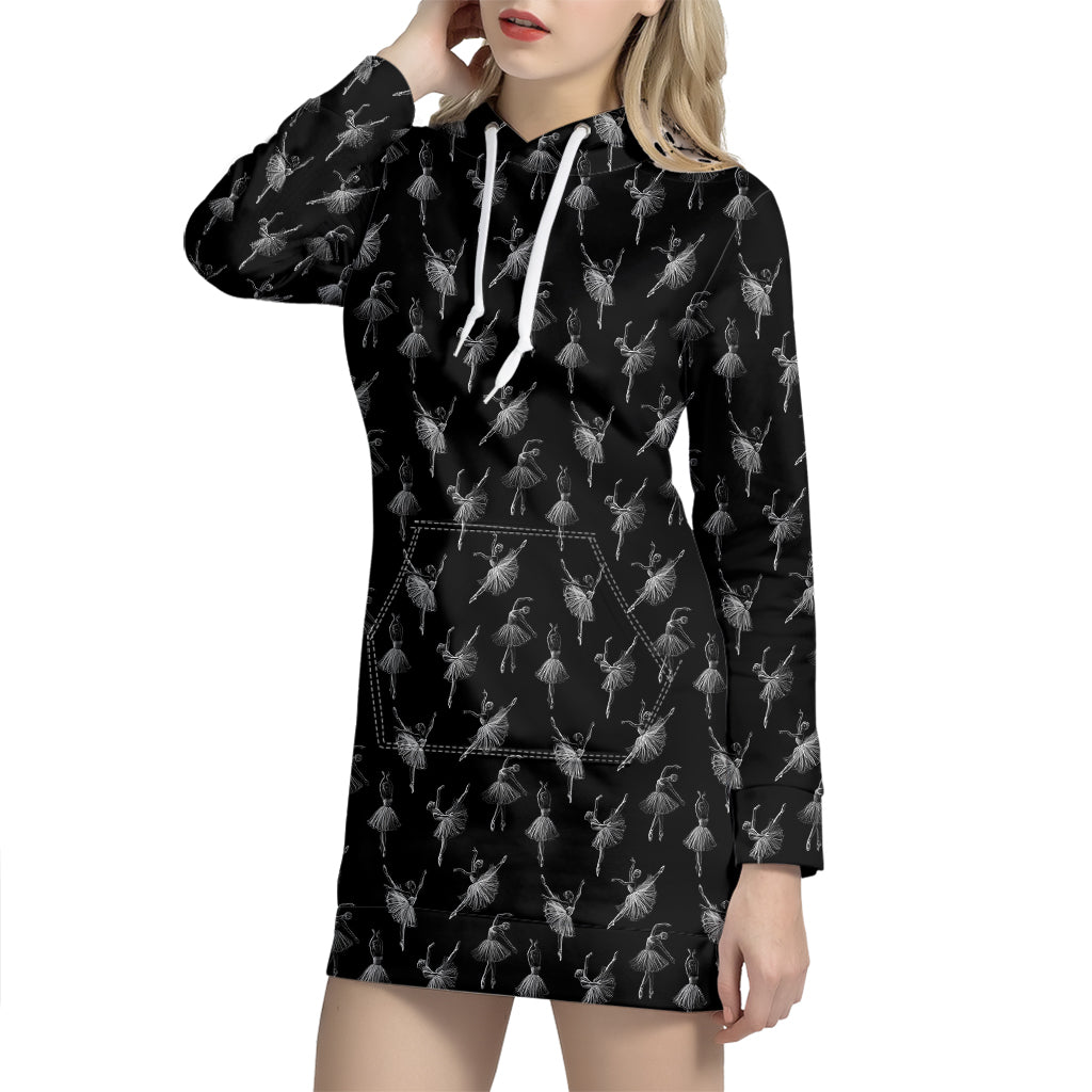 Black And White Ballet Pattern Print Hoodie Dress