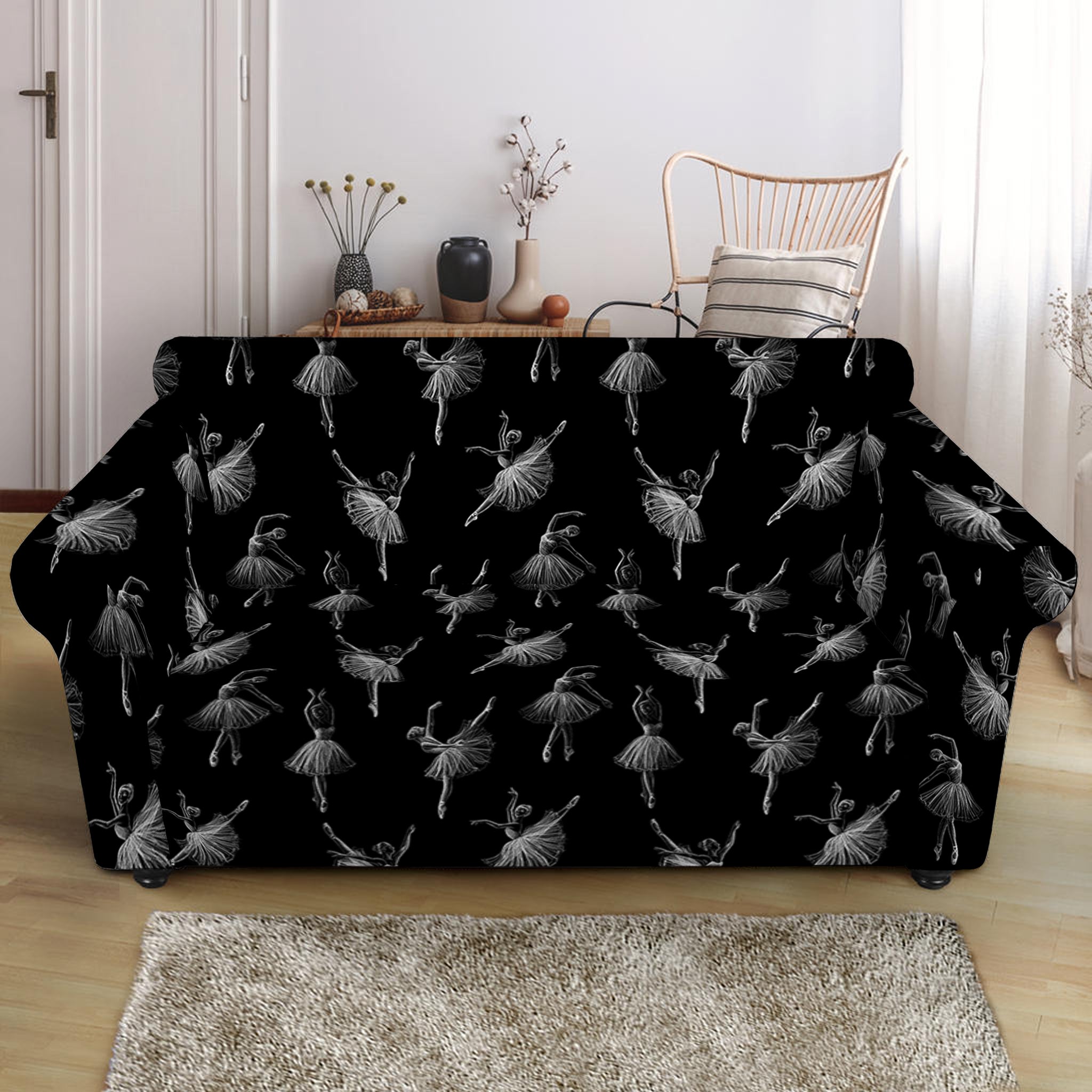 Black And White Ballet Pattern Print Loveseat Slipcover