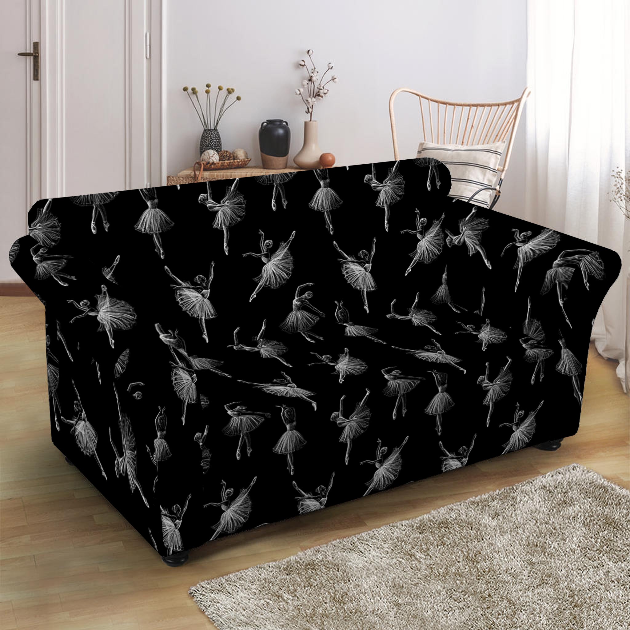 Black And White Ballet Pattern Print Loveseat Slipcover