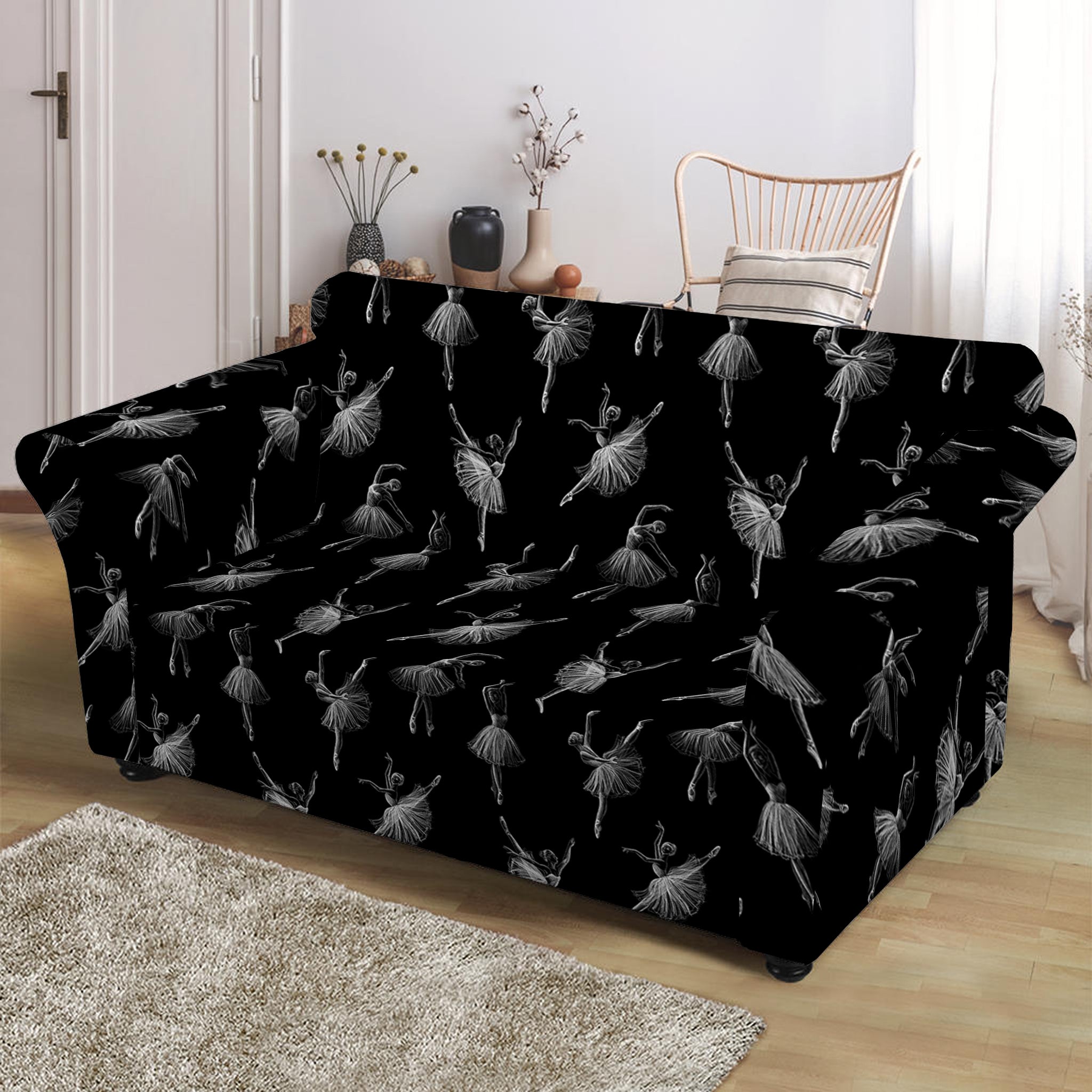 Black And White Ballet Pattern Print Loveseat Slipcover