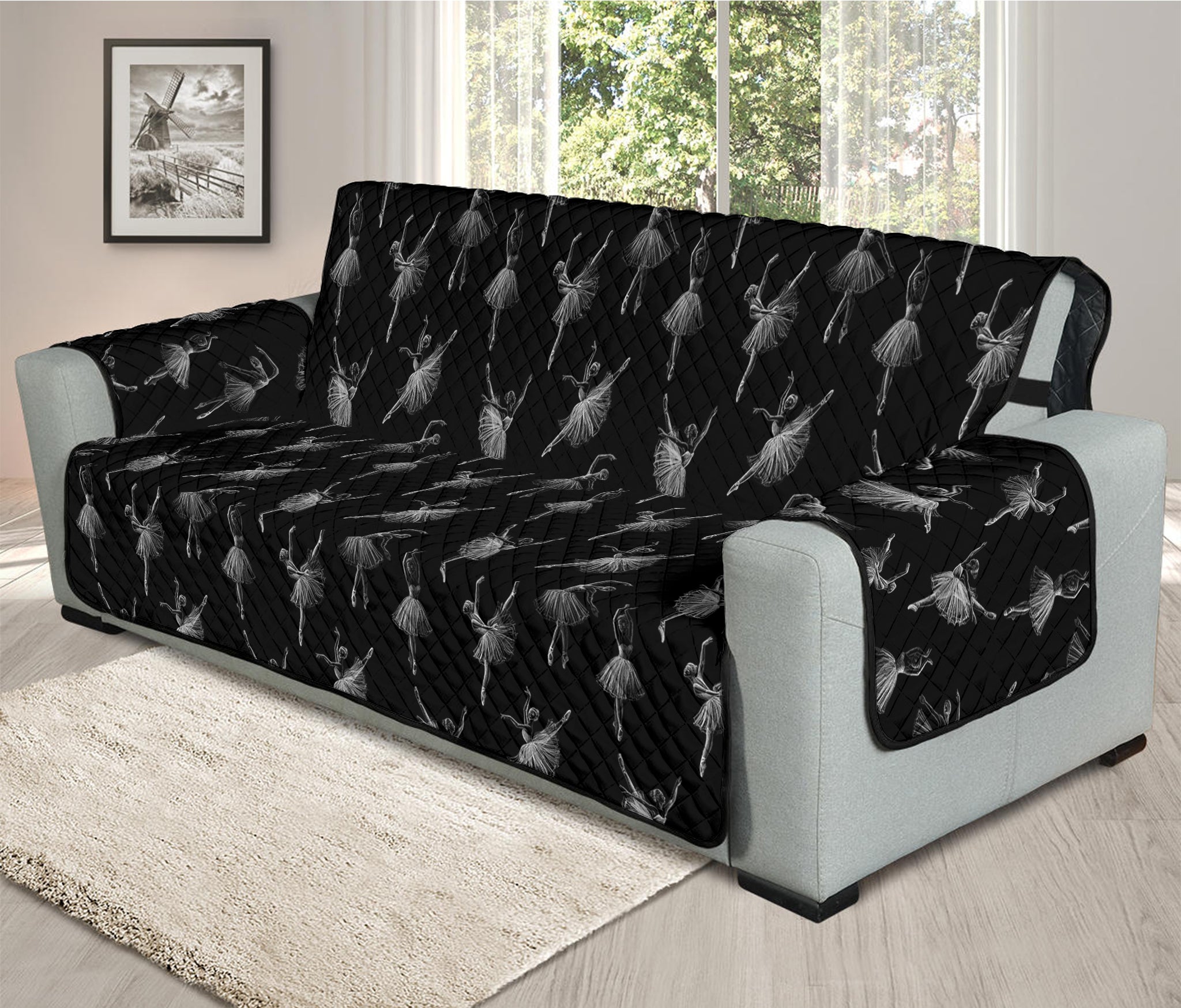 Black And White Ballet Pattern Print Oversized Sofa Protector