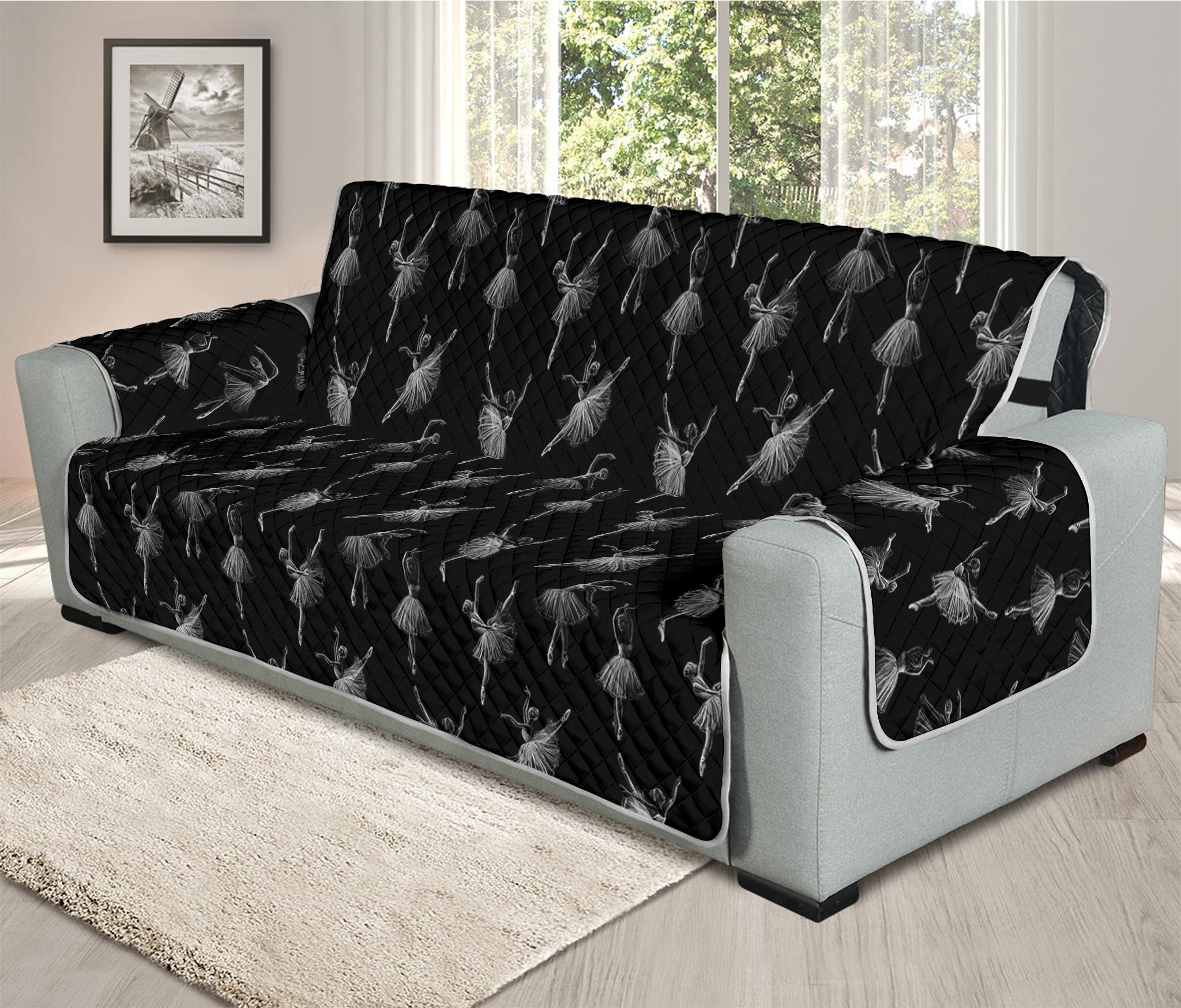 Black And White Ballet Pattern Print Oversized Sofa Protector