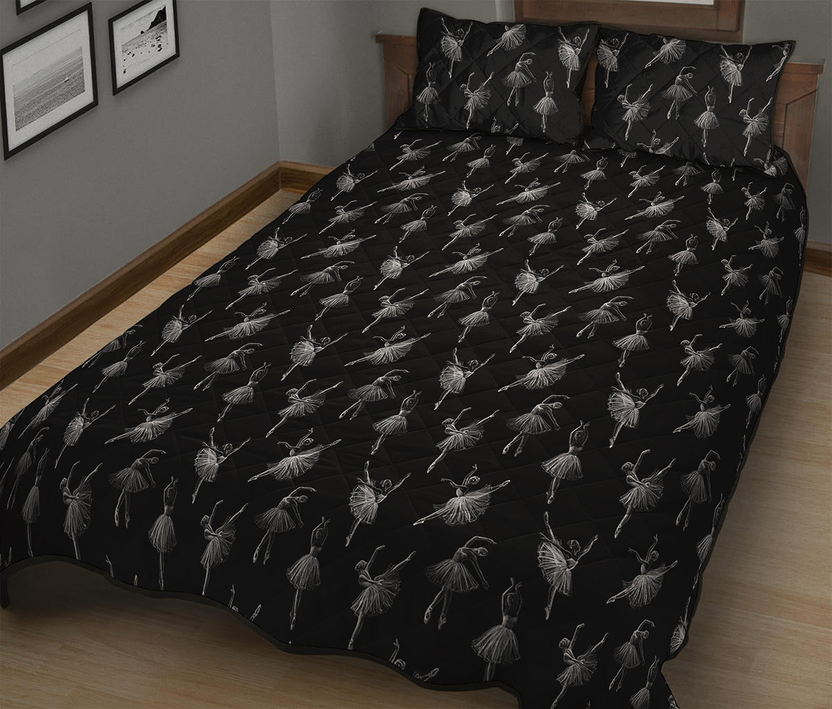 Black And White Ballet Pattern Print Quilt Bed Set