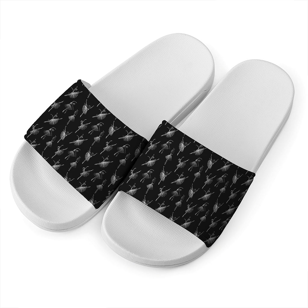 Black And White Ballet Pattern Print White Slide Sandals