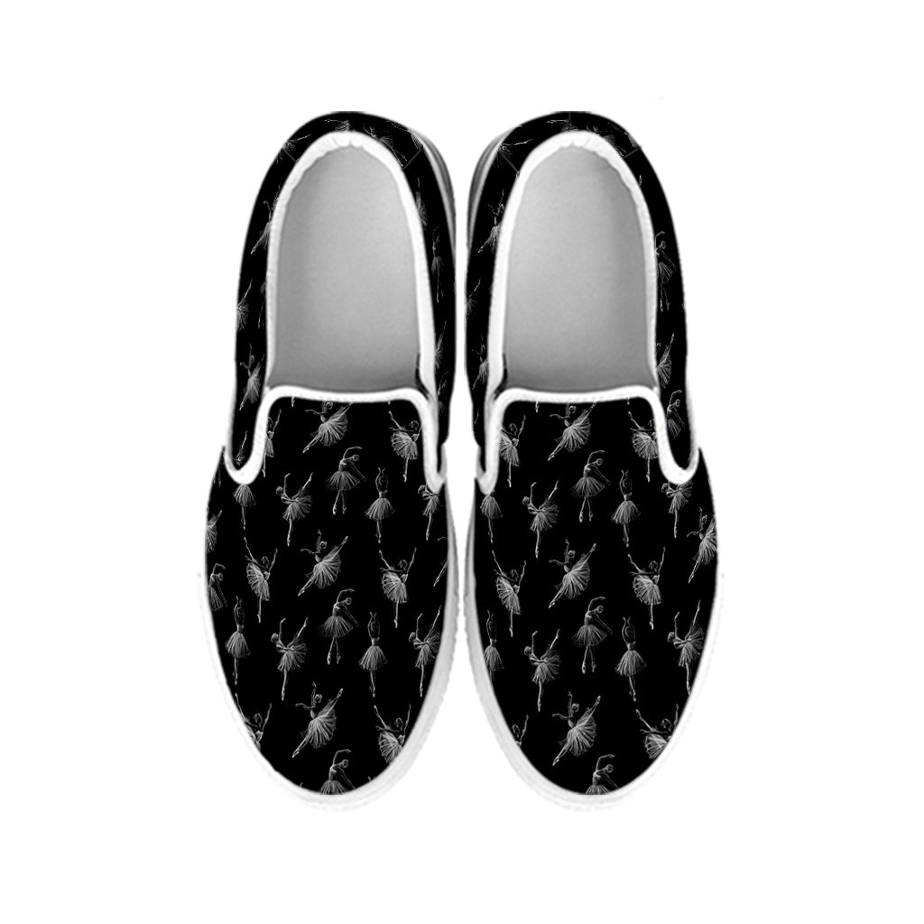 Black And White Ballet Pattern Print White Slip On Shoes