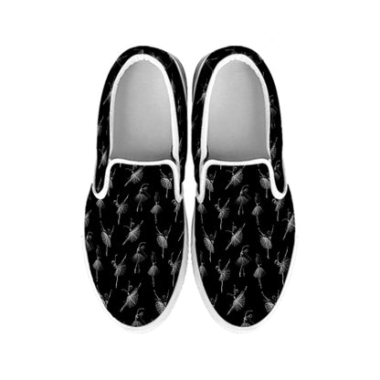 Black And White Ballet Pattern Print White Slip On Shoes