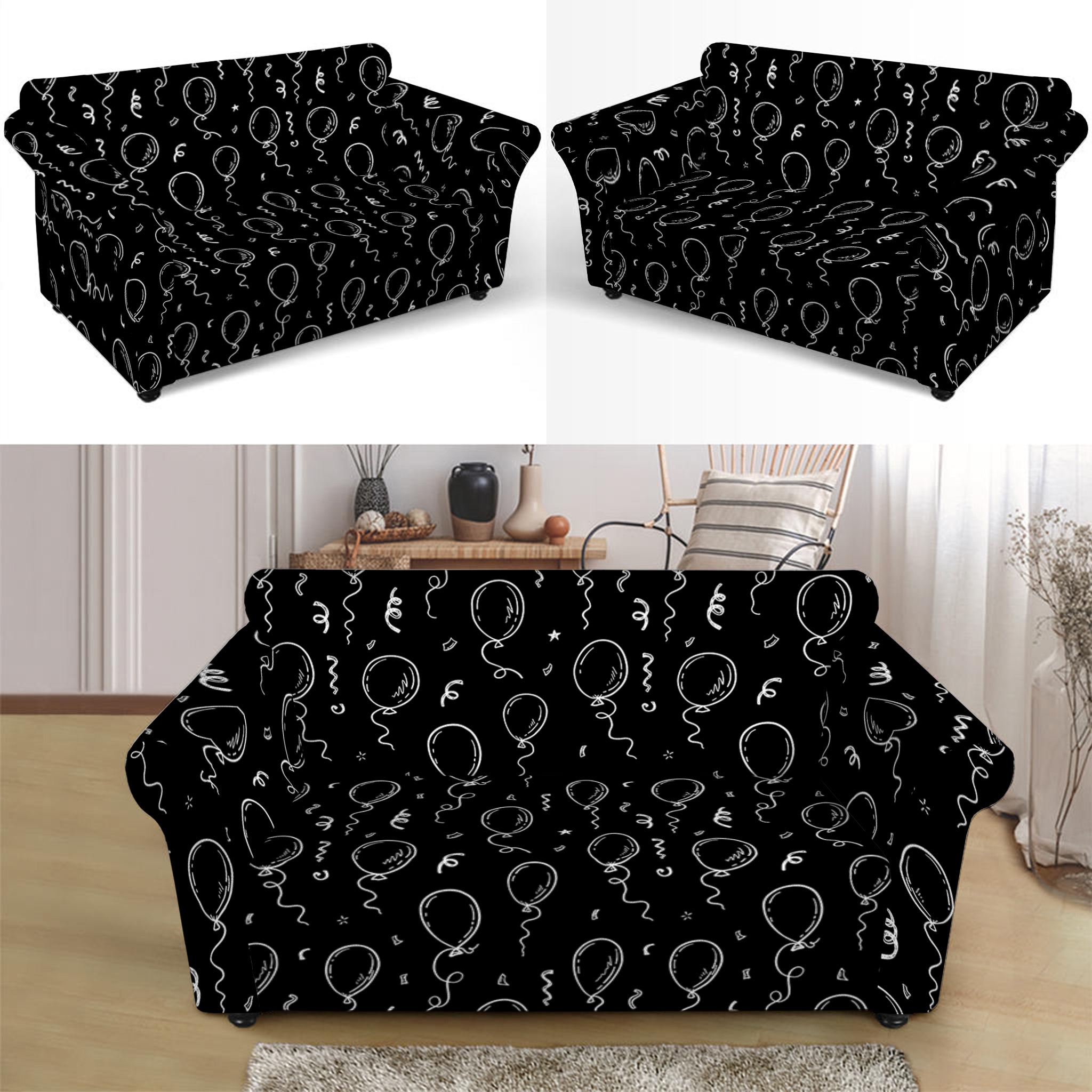 Black And White Balloon Pattern Print Loveseat Slipcover