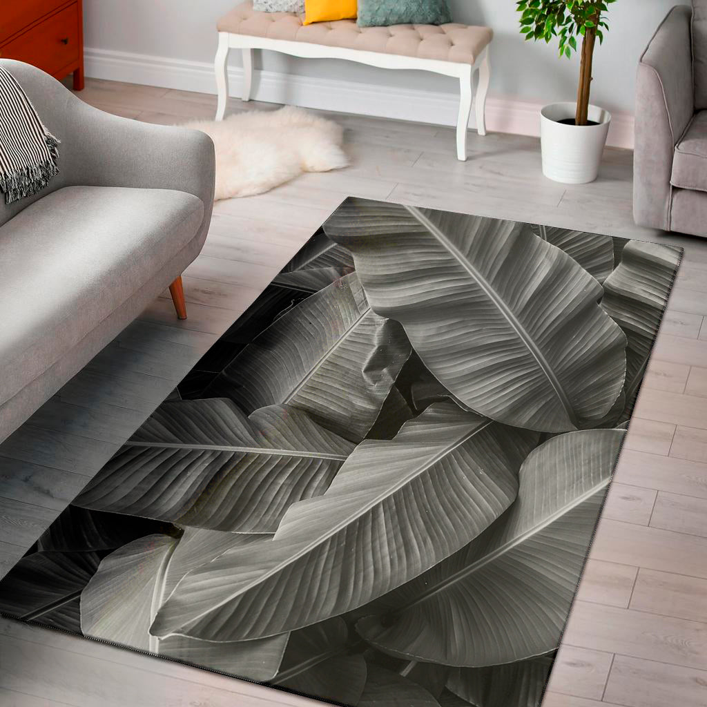 Black And White Banana Leaf Print Area Rug