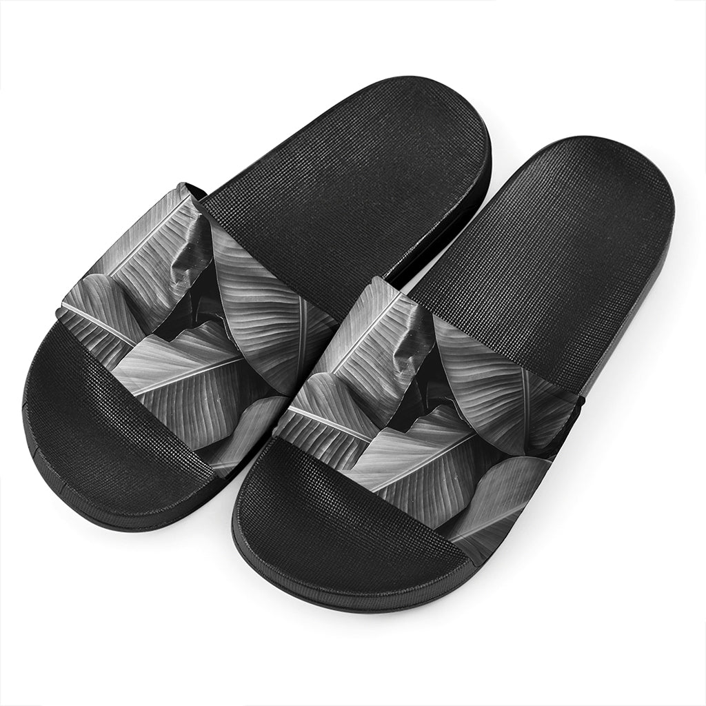 Black And White Banana Leaf Print Black Slide Sandals