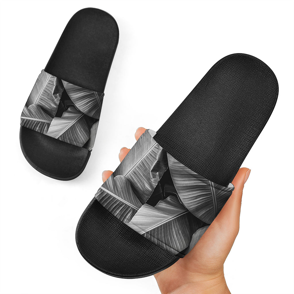 Black And White Banana Leaf Print Black Slide Sandals