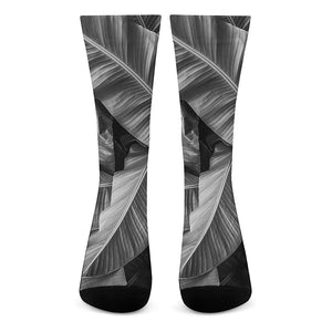 Black And White Banana Leaf Print Crew Socks