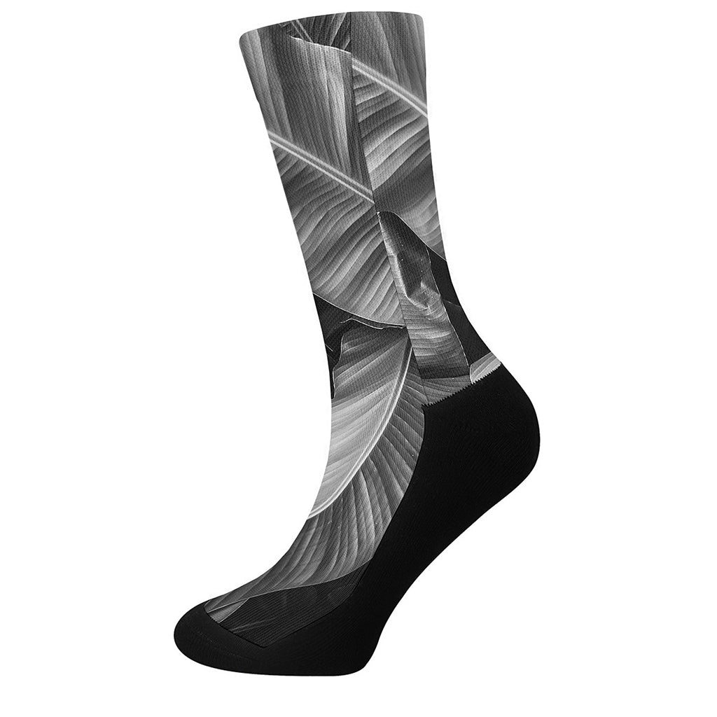 Black And White Banana Leaf Print Crew Socks