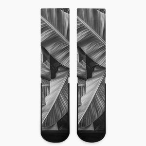 Black And White Banana Leaf Print Crew Socks