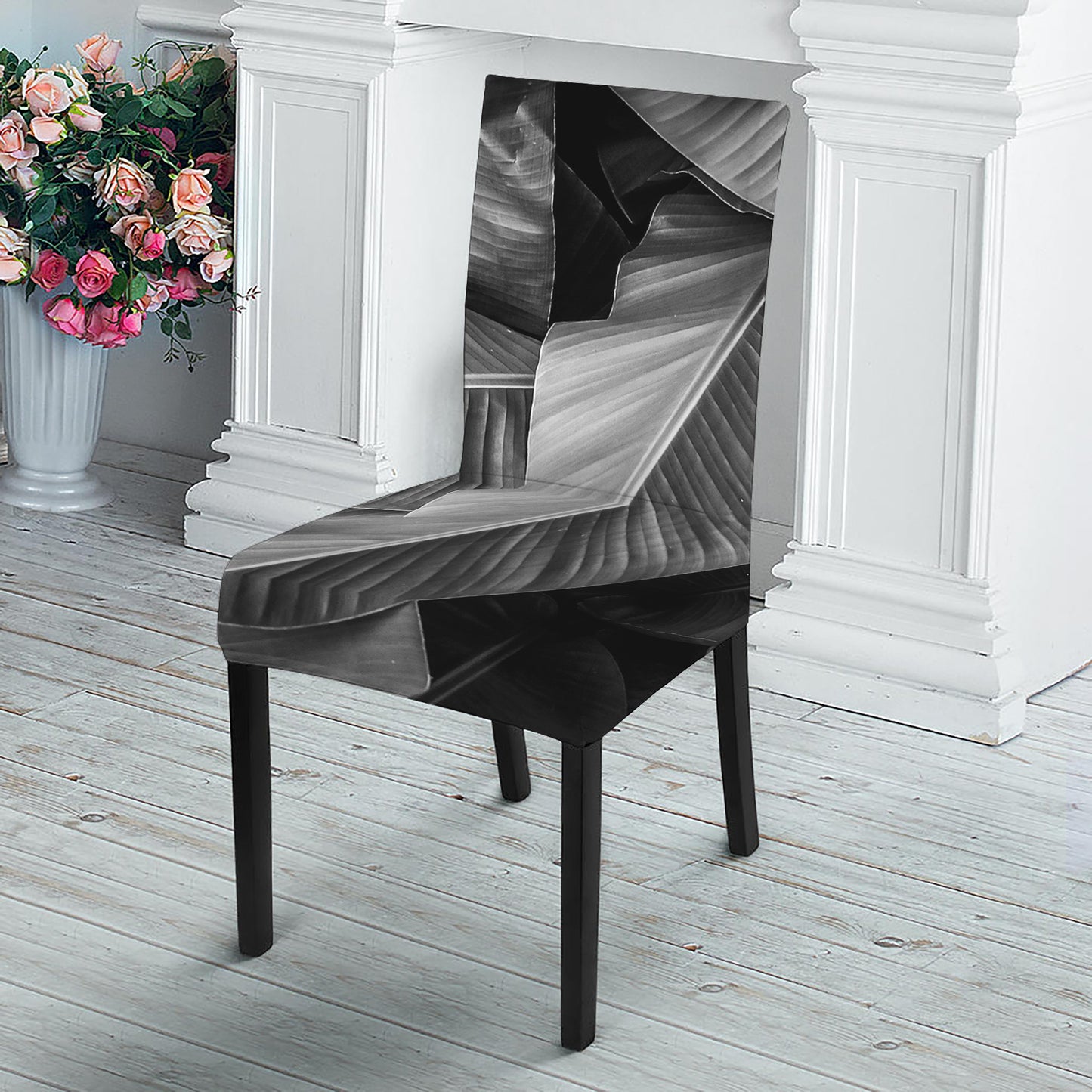 Black And White Banana Leaf Print Dining Chair Slipcover