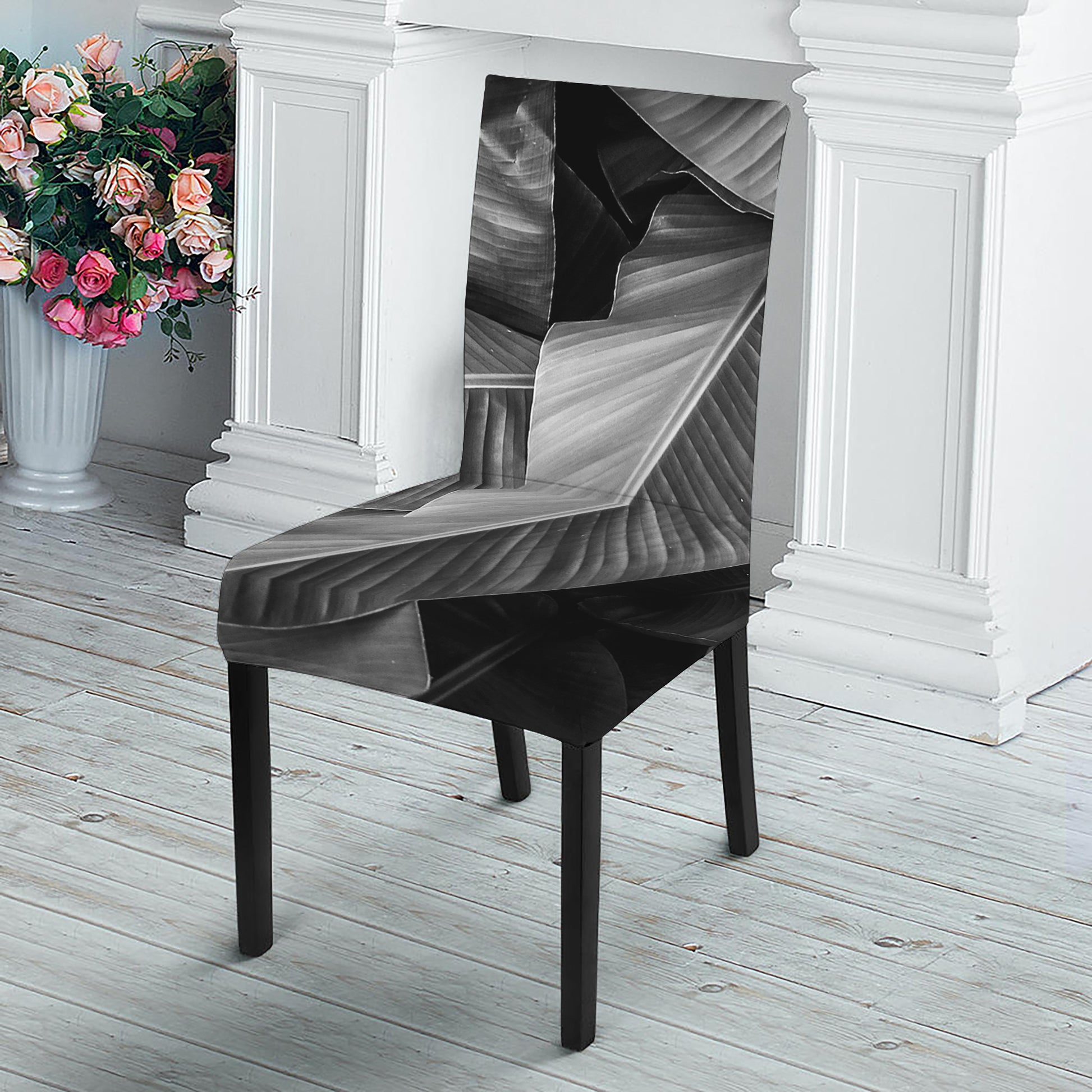 Black And White Banana Leaf Print Dining Chair Slipcover