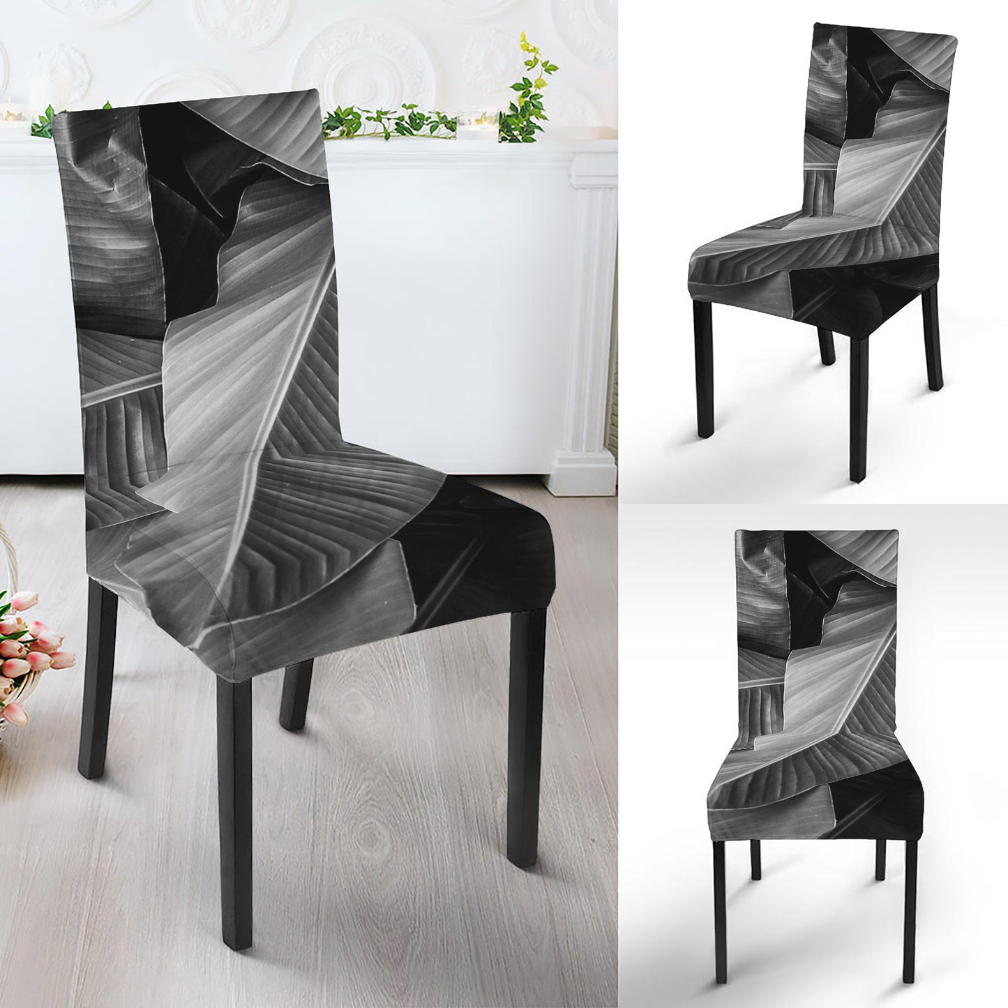 Black And White Banana Leaf Print Dining Chair Slipcover