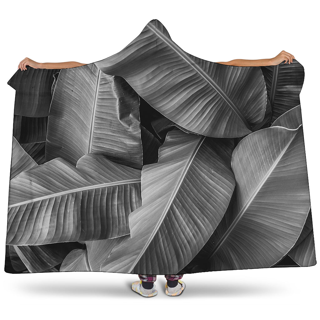 Black And White Banana Leaf Print Hooded Blanket