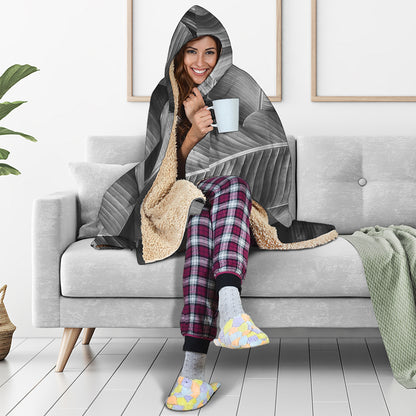 Black And White Banana Leaf Print Hooded Blanket
