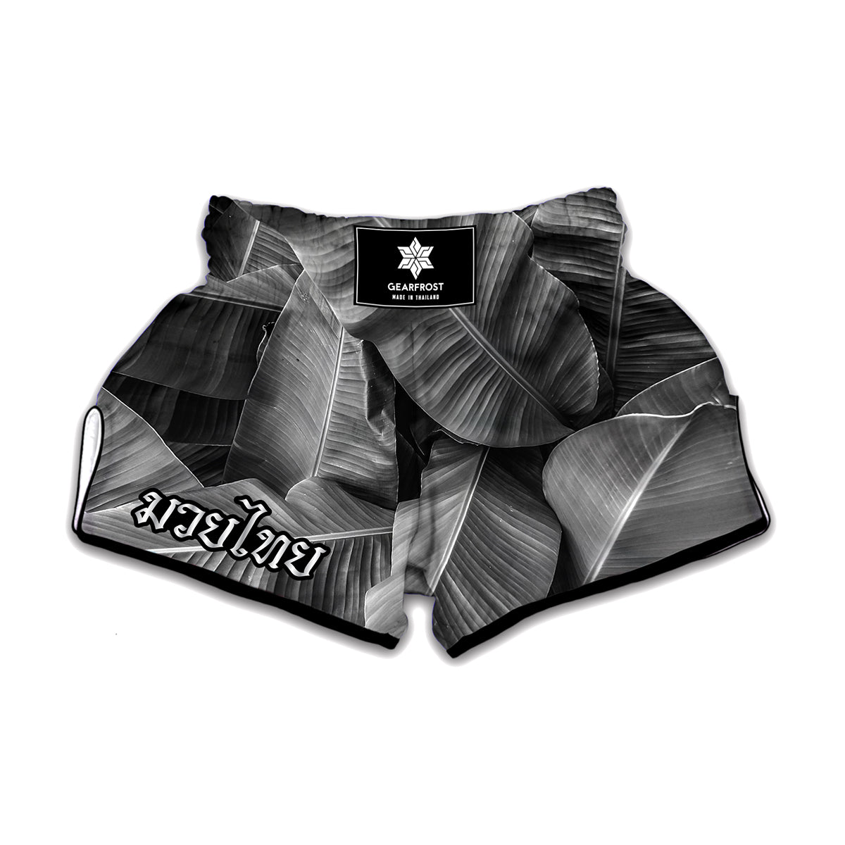 Black And White Banana Leaf Print Muay Thai Boxing Shorts