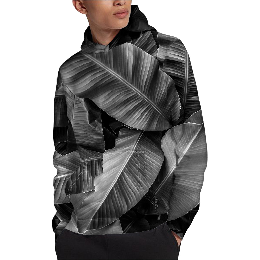 Black And White Banana Leaf Print Pullover Hoodie