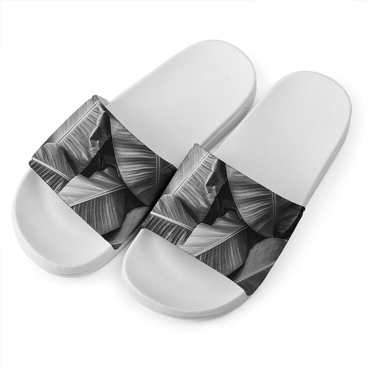Black And White Banana Leaf Print White Slide Sandals