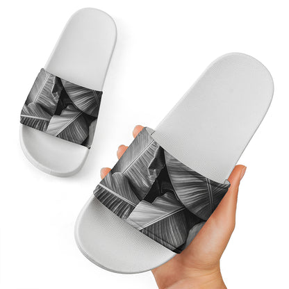 Black And White Banana Leaf Print White Slide Sandals