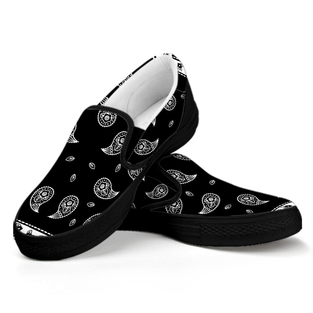 Black And White Bandana Print Black Slip On Shoes