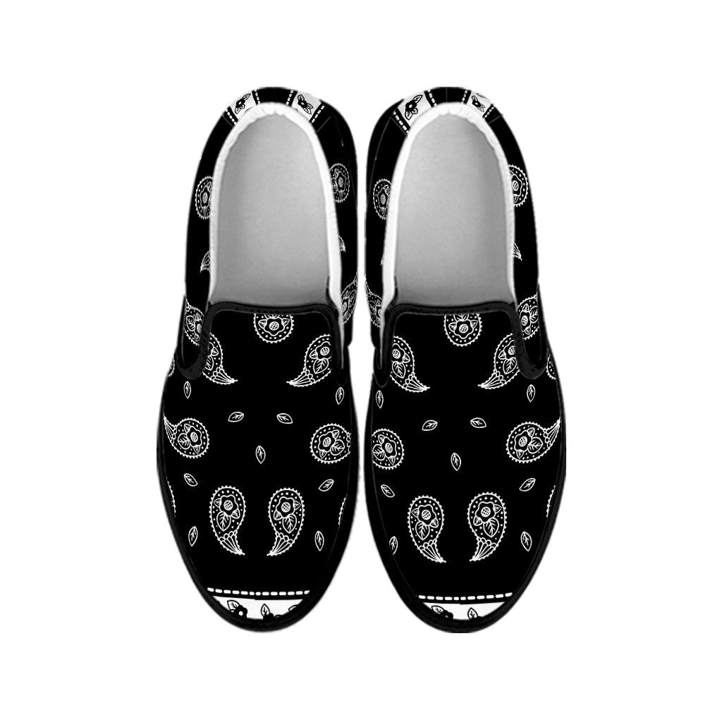 Black And White Bandana Print Black Slip On Shoes