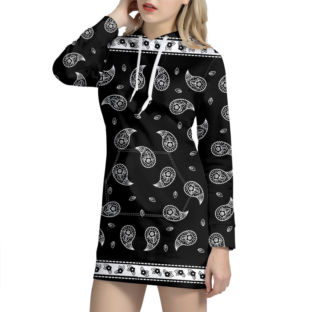 Black And White Bandana Print Pullover Hoodie Dress