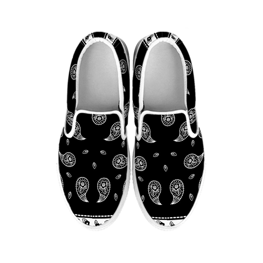 Black And White Bandana Print White Slip On Shoes