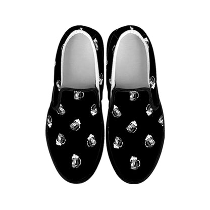 Black And White Beer Pattern Print Black Slip On Shoes
