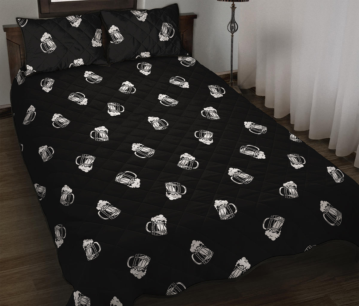 Black And White Beer Pattern Print Quilt Bed Set